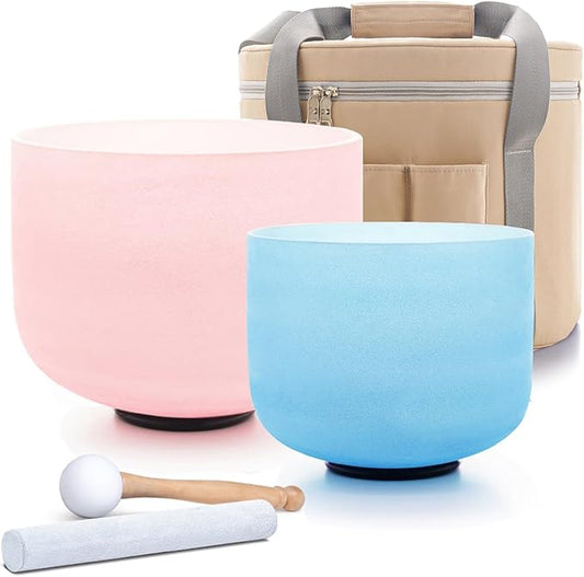 Hye-eun Color Crystal Singing Bowl Set of 2 PCS 8-10inch 432 Hz 8"G Blue 10"C Pink Sound Meditation Mutual Attraction Chakra Bowls with Carry Case for Yoga Sound Healing Energy Vibration - Bloomnest