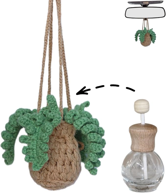 Handmade Crochet Hanging Car Air Freshener - Botanical Fern Leaf Design with 12ml Refillable Glass Essential Oil Bottle, Long-Lasting Car Diffuser & Nature-Inspired Decor - Bloomnest
