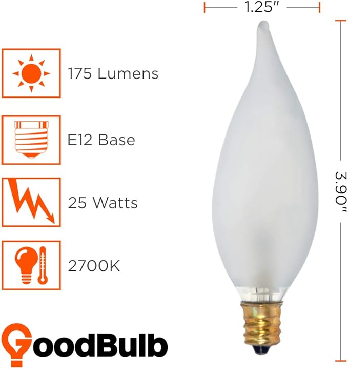GoodBulb 25 Watt Flame Tip Candelabra Light Bulbs CA10 Frosted Finish E12 Base 2700K Soft White Light CFF Dimmable 25W 175 Lumens Decorative Chandelier Bulbs Pack of 12 Bulbs - Bloomnest