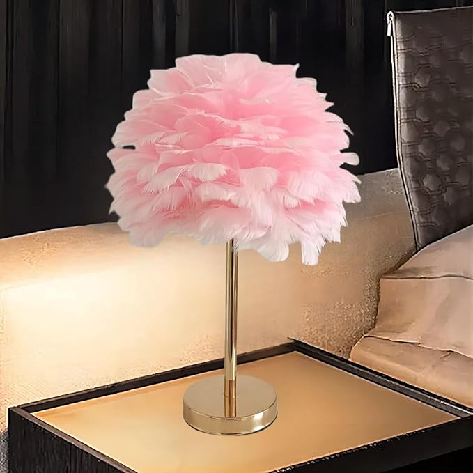 ZYLEIESENBAO Pink Feather Lamp Cute Romantic Goose Feather Table Lamp Furry Nightstand Light with Gold Base Bedside Lamp for Girl Bedroom Wedding Living Room Hotel Decorative - Bloomnest