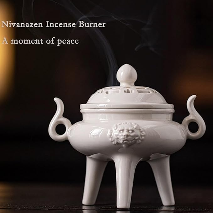 Ceramic Incense Cone Burner with Lid,Stylish Incense Holder for Coil Incense and Powder Incense,Mediation Gift,Room Decor(White) - Bloomnest
