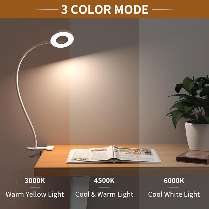 iZELL Reading Light, USB Clamp Lamp for Child Reading Book in Bed at Night, LED Small Desk Lamp with Adjustable Gooseneck Clip on Beside Table for Studying Working Drafting Sewing - 15.8‘’ White - Bloomnest