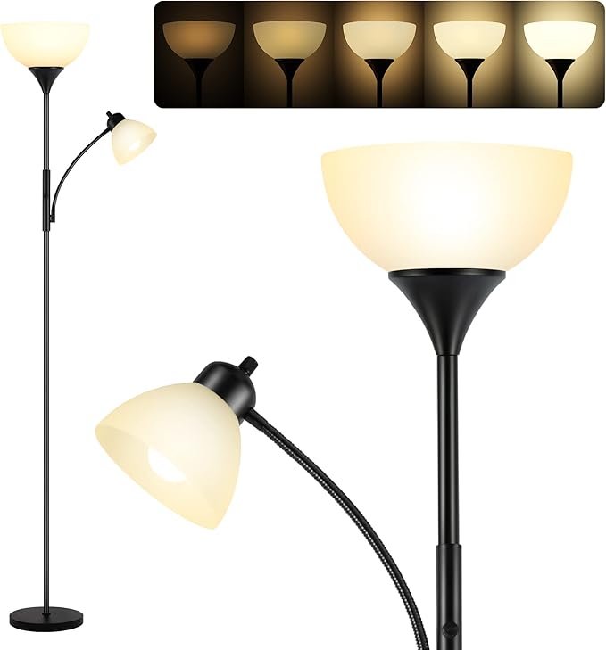 Floor Lamp, Dimmable Standing lamp, Stepless Dimming Brightness, Included 9W and 5W LED Bulbs, Industrial Floor Lamp for Living Room, Bedroom, Office, Reading - Bloomnest