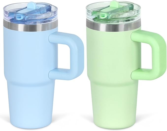 Cosictic 14 Oz Flip Straw Tumbler with Handle for Kids, Stainless Steel Double Wall Insulated Cup for Children with Flip Top Lid, 14 Oz Leak-proof Cups for Kids, Sky Blue and Green - Bloomnest