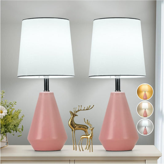 Small Bedside Table Lamp for Bedroom-Reading Desk Lamp Set of 2,with 3 Color Temperatures,15.5" Nightstand Ceramic Lamp with Fabric Shade for Kids Room,Living Room,Dorm,Home Office(Pink+White)
