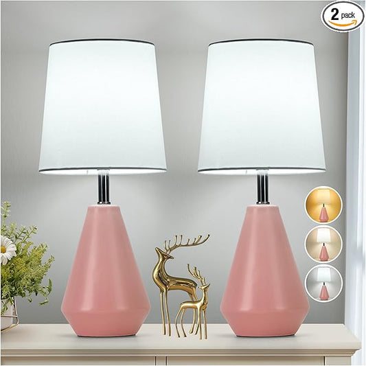 Small Bedside Table Lamp for Bedroom-Reading Desk Lamp Set of 2,with 3 Color Temperatures,15.5" Nightstand Ceramic Lamp with Fabric Shade for Kids Room,Living Room,Dorm,Home Office(Pink+White) - Bloomnest