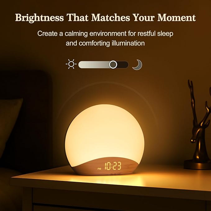 REACHER Wood Grain Sunrise Alarm Clock and Sound Machine Nightlight, Digital Dimmable Clock for Bedroom, 26 Sleep Sounds, White Noise Machine for Baby, Adults, Wake Up Light Alarm Clock for Kids - Bloomnest