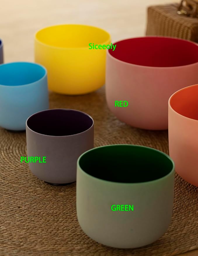 8-12 inch Set of 3 Crystal Singing Bowls 8"B 10"F 12"C Red Green Purple Color Frosted Root Heart Crown Chakra Sound Healing Bowl with 1 Travel Carry Case 1 Mallet Suede 1 Striker 3 O-rings - Bloomnest