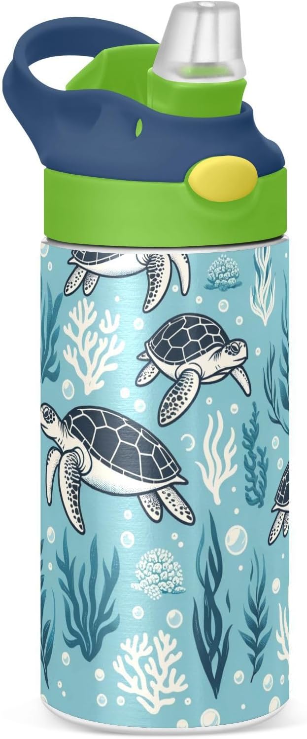 Turtle Water Bottle with Straw Lid Kids Blue Ocean Insulated Tumbler with Handle Stainless Steel Reusable Toddlers Cup for Kids Boys 12 oz - Bloomnest