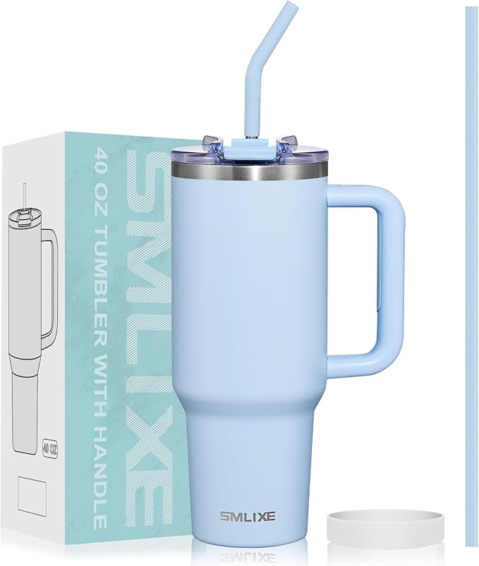 40 oz Tumbler with Handle and Straw Lid,Insulated Reusable Stainless Steel Water Bottle Travel Mug，Cupholder Friendly Double Wall Vacuum Sealed Cup (Sky Blue) - Bloomnest