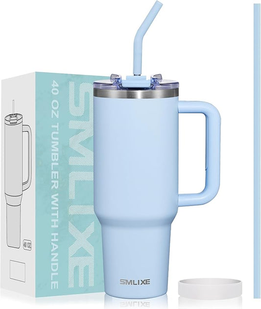 40 oz Tumbler with Handle and Straw Lid,Insulated Reusable Stainless Steel Water Bottle Travel Mug，Cupholder Friendly Double Wall Vacuum Sealed Cup (Sky Blue) - Bloomnest