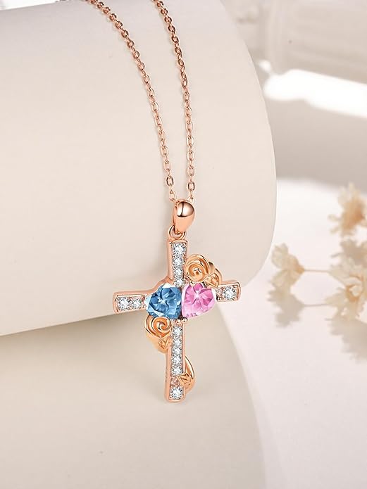 Rose Gold Dual Birthstones Cross Necklace for Women Rose Flower Jewelry Anniversary Christmas Mother's Valentine's Day Birthday Gift for Wife Girlfriend Mom - Bloomnest