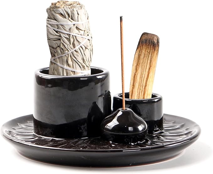 4 in 1 Ceramic Incense Holder, Palo Santo Stick Holder, Sage Holder for Burning, 5.2" Ash Catcher Tray for Meditation, Yoga & Home Decor (Black)