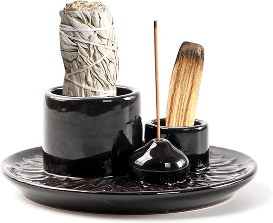 4 in 1 Ceramic Incense Holder, Palo Santo Stick Holder, Sage Holder for Burning, 5.2" Ash Catcher Tray for Meditation, Yoga & Home Decor (Black)