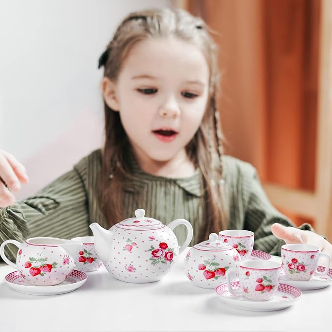 fanquare Pink Roses Porcelain Tea Set for Little Girls, Small Floral Tea Set with Box for Kids Party - Bloomnest