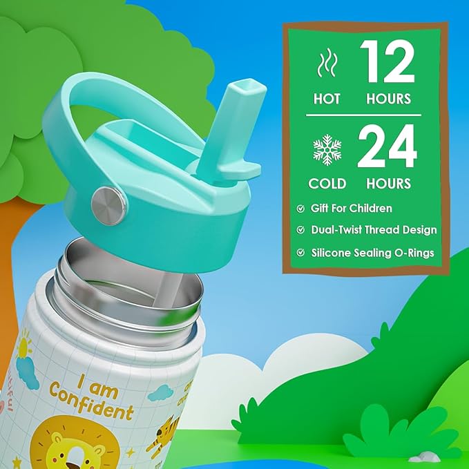 Animal Water Bottle 12oz for Kid Stainless Steel with Straw Lid, Kids Water Bottle, Travel Tumbler, Inspiration Gifts for Girls Boys, Birthday Christmas Back To School - Bloomnest