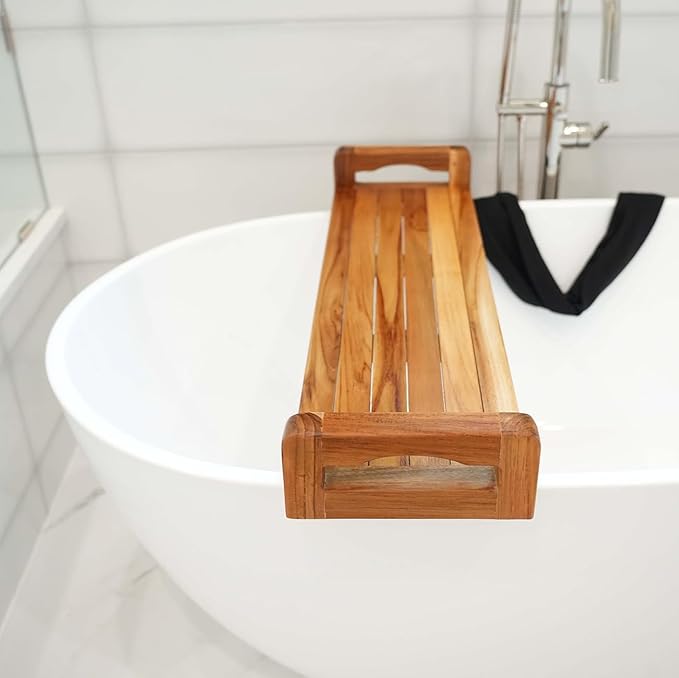 EcoDecors, 34 inch, with LiftAid Handles, Bath Tray for Tub, Bath Tub Tray Wood, Bathtub Table, Caddy for Bathtub in Natural Teak - Bloomnest