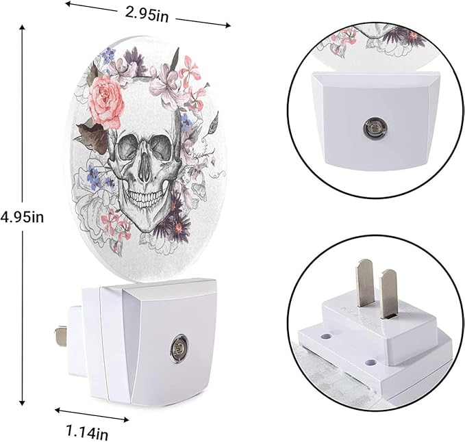 EKOBLA Skull Floral Decorative Night Light Goth Spooky Sugar Skull Skeleton with Pink Flower Rose Plug-in Nightlights Auto on/Off Bedroom Bathroom Decor for Men Women Boys Girls - Bloomnest