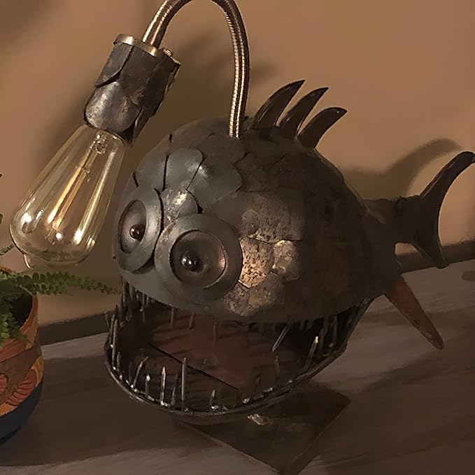 CAFELE Rustic USB Angler Fish Lamp, Shark Lamp Steampunk Style Table Lamp, Simulation Flame LED Bulbs Lights, Handmade Night Lights, Book Lights, Industrial Creative Decor for Home/Office (Large) - Bloomnest