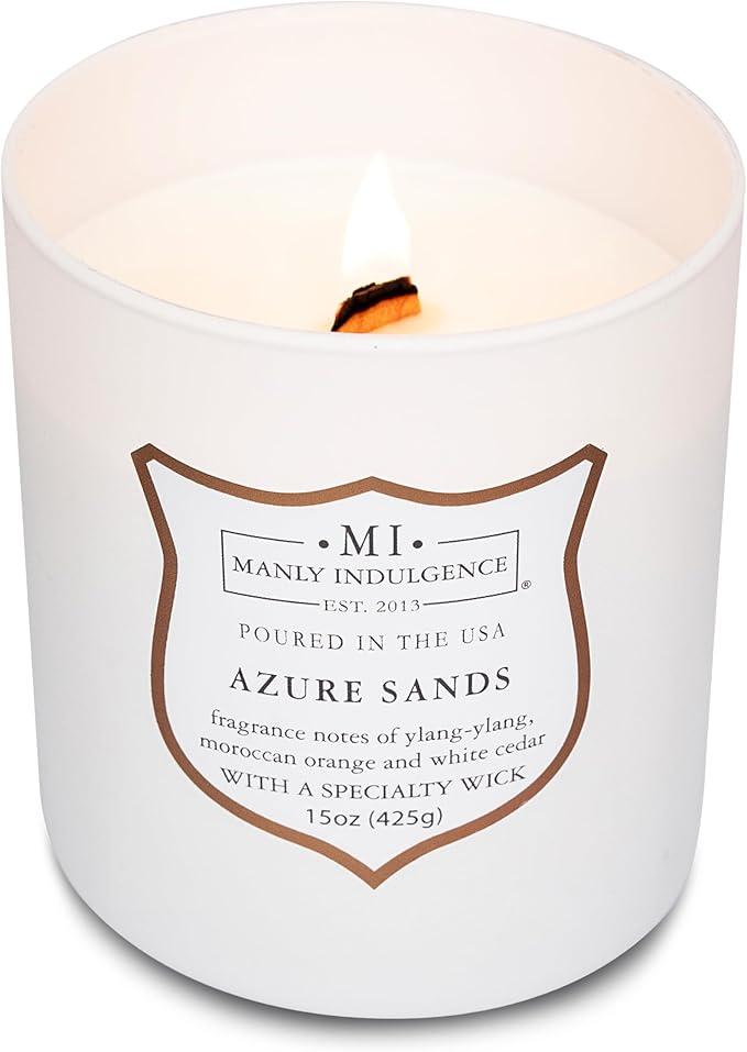 Manly Indulgence Azure Sands Scented Candles for Men, 15 oz Wooden Wick, Premium Soy Blend Wax, 60H Burn, Candles for Home Scented - Made in The USA - Bloomnest