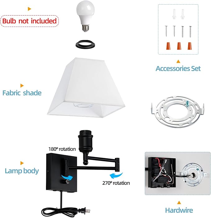 Swinging arm Wall lamp, Fabric lampshade, with Plug and dimming Rotary Switch, USB and Type-C Charging Port, Suitable for Bedside, Living Room, Hotel and Bedroom Wall Lamps - Bloomnest