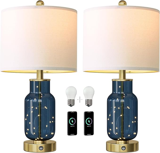 Oneach 22" Glass Table Lamps Set of 2, Blue Modern Bedside Lamp with LED Night Light for Living Room, Nightstand Lamp with USB Ports for Bedrooms, Study Room, End Table(2 Bulbs Included) - Bloomnest