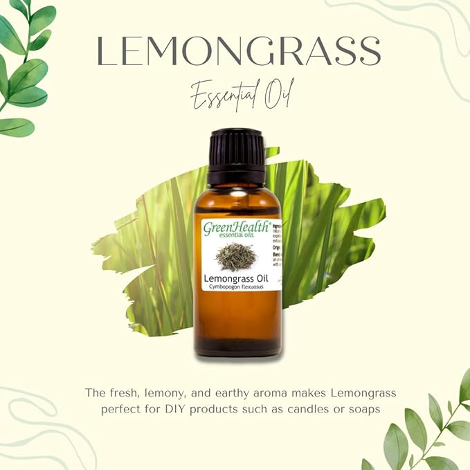 GreenHealth Essential Oil - 2 fl oz (59 ml) Glass Bottle with Cap - 100% Pure Essential Oil (Lemongrass)
