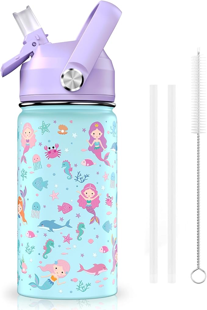 14oz Kids Insulated Water Bottle with Straw Lid - 18/8 Stainless Steel Kid Cup Travel Tumbler Double Wall Vacuum Leak Proof Portable Toddler Water Bottle (Mermaid) - Bloomnest
