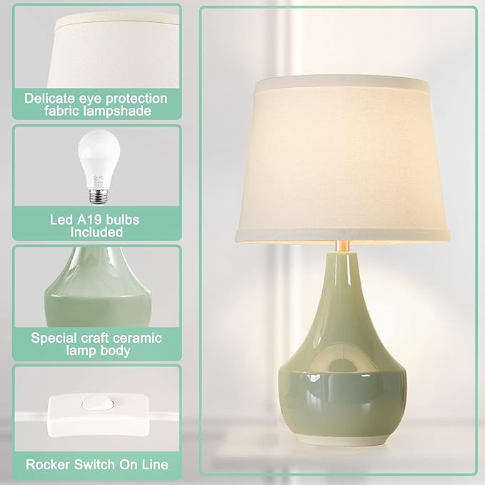 GyroVu Table Lamp Set of 2, 18.63” Ceramic Table Lamp Classic Beside Lamps Nightstand Lamp Modern Lamp for Living Room, Bedroom & Office Rocker Swtich Sage Green-LED Bulbs Included - Bloomnest