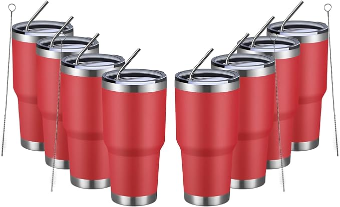 MEWAY 30oz Insulated Tumbler With Lids and Straws,Stainless Steel Double Vacuum Coffee Tumbler Cup, Brush, Durable Powder Coated Coffee Cup for Cold & Hot Drinks, Office, Travel(Coral red,8 PACK) - Bloomnest
