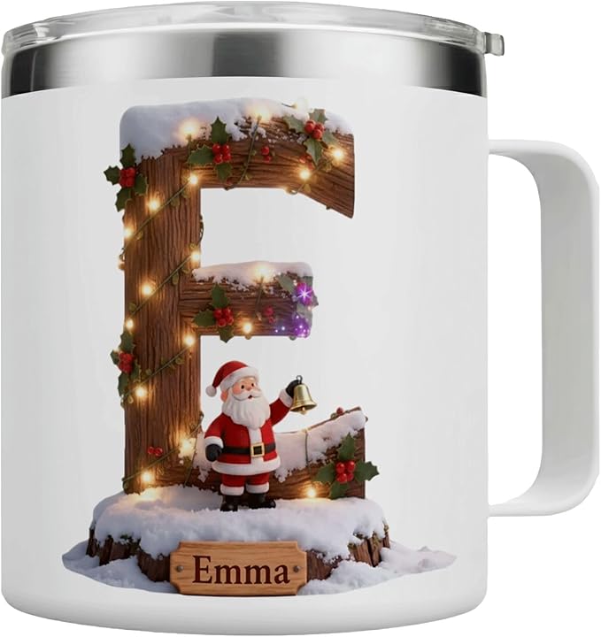 Personalized Christmas Mug | Custom Rustic Log Santa Initial Insulated Coffee Cup with Handle & Lid | 12oz Holiday Tumbler, Unique Winter Scene Gift (B38) - Bloomnest