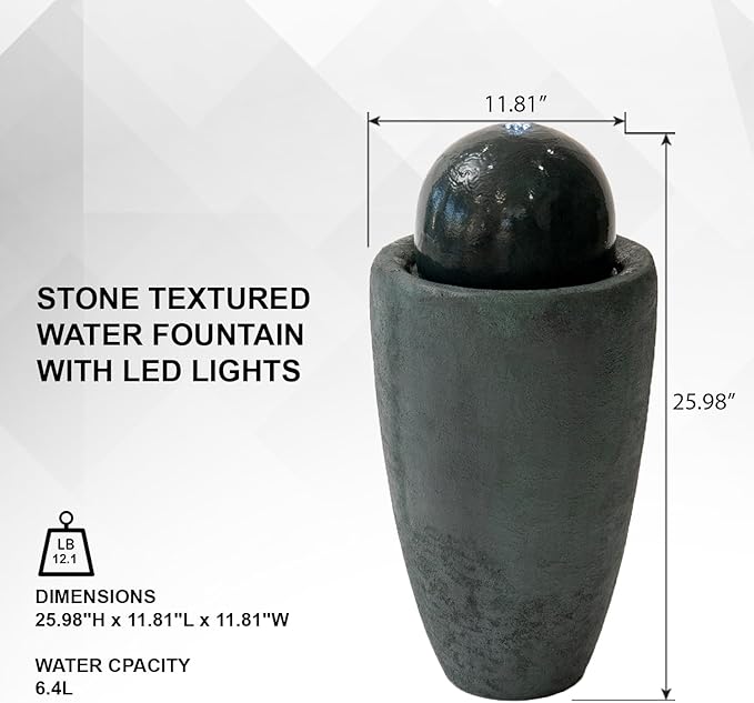 XBrand 25.98" H Round Stone Indoor/Outdoor Modern Stone Textured Sphere Water Fountain w/LED Lights, Dark Green - Bloomnest