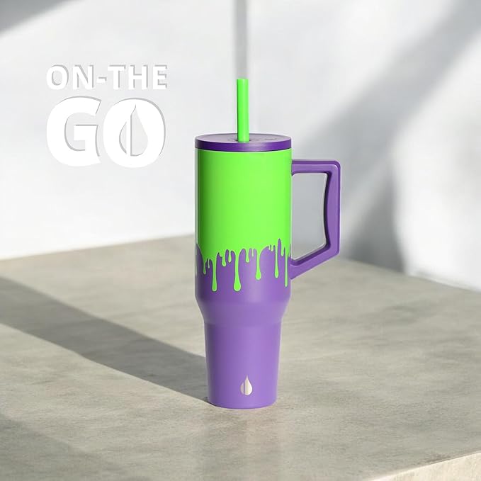 Elemental 40 oz Tumbler with Handle and Straw - Spill Proof Insulated Stainless Steel Commuter for Hot and Cold Beverages - Travel Coffee Mug with 2 Straws & Spill Proof Lid - 40oz - Poison Drip - Bloomnest