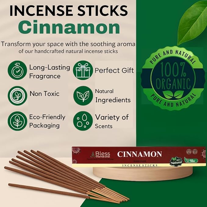 Bless-Cinnamon 100%-Natural-Handmade-Hand-Dipped-Incense-Sticks Organic-Chemicals-Charcoal-Free Purification-Relaxation-Positivity-Yoga-Meditation Best-Woods-Scent (25 Sticks (1.4 OZ)) BlessInternational