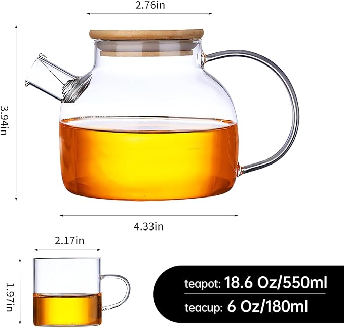Glass Teapot Set of 5 with Bamboo Lid, 4 Teacups, 18.6OZ. Thick Durable Borosilicate Glass for Cold Brewing, Hot Tea - Bloomnest