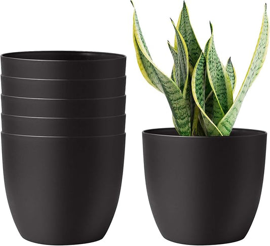T4U 6 Inch Self Watering Planters Plastic Plant Pot, Modern Decorative Flower Pot/Window Box for All House Plants, Flowers, Herbs, African Violets, Succulents - Black, Set of 6 - Bloomnest
