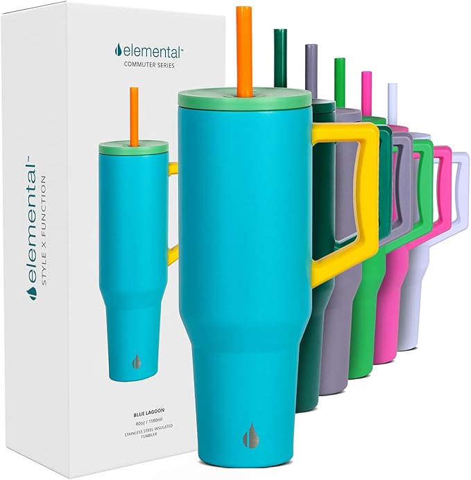Elemental 40 oz Tumbler with Handle and Straw - Spill Proof Insulated Stainless Steel Commuter for Hot and Cold Beverages - Travel Coffee Mug with 2 Straws & Spill Proof Lid - 40oz - Blue Lagoon - Bloomnest