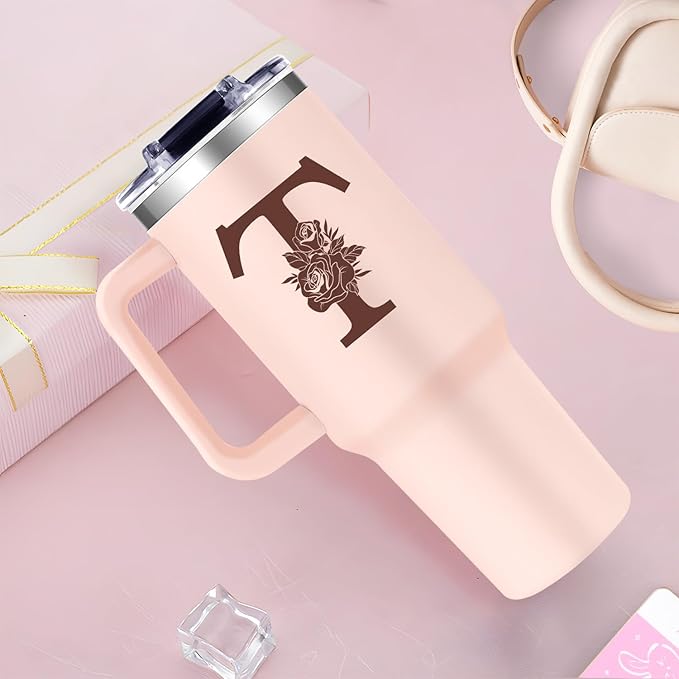 Monogrammed 40oz Tumbler with Handle for Women, Personalized Birthday Gifts for Women,Initial Cups for Woman Pink Letter T,Customized Gifts for Female Lady Gift for Mothers Day Christmas - Bloomnest