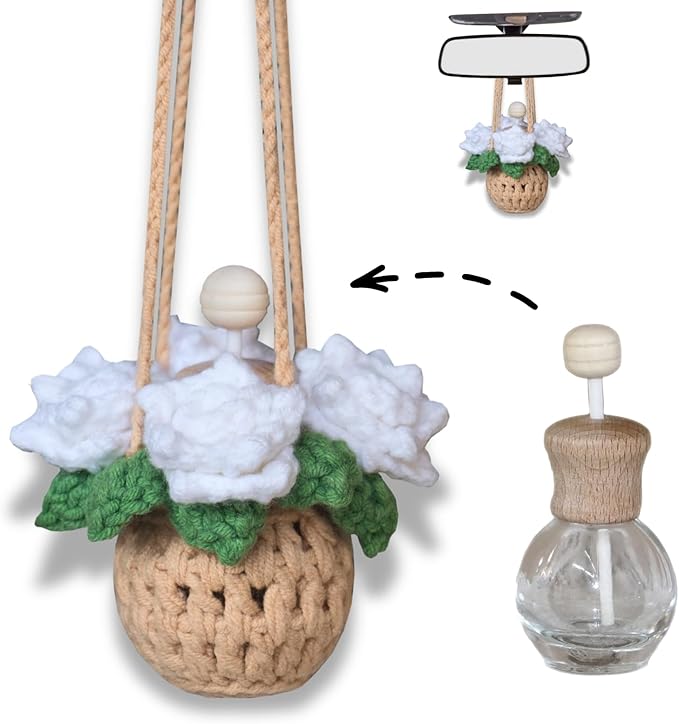 Handmade Crochet Hanging Car Air Freshener - Pure Elegant White Rose Design, 12ml Refillable Thick Glass Bottle, Car Diffuser for Rearview Mirror, Home & Office Minimalist Decor - Bloomnest