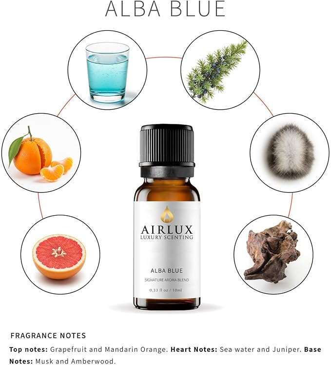 Signature Aroma Oil No. 135 Alba Blue – Aroma Oil for Cold Air & Waterless Diffusers and DIY Crafts – 10 mL, 0.34 fl oz Glass Bottle Airlux