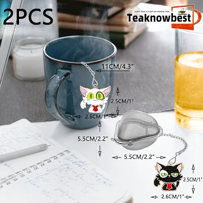 Tea infusers, loose tea strainer, Heart shaped tea ball + cute animal pendant, reusable tea steeper makes afternoon tea meaningful (Big eyed Cat, 2PCS) - Bloomnest