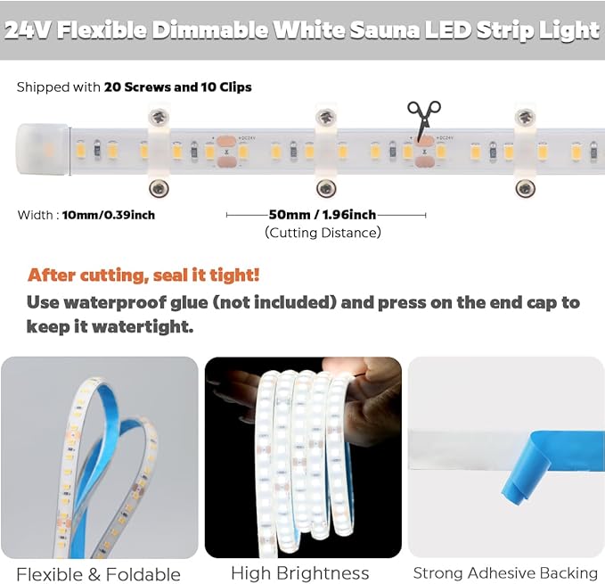 SuperlightingLED DC24V LED Tape 6000K Sauna Lights for inside Sauna, Flexible High Temperature Rated & IP68 LED Strip Light Water-submersible, 600 LEDs Bright & 5m 16.4ft Long (6000K Daylight White)