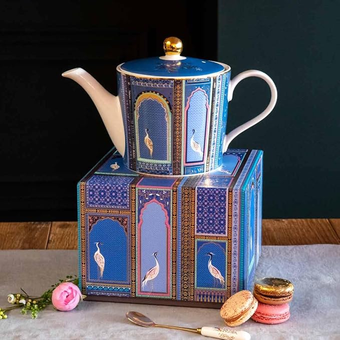 Sara Miller London India Lattice Windows Teapot - Fine China Indigo Teaware with Cranes & Gold Detailing - 37 oz Elegant Teapot for Afternoon Tea & Gifting Set, Service for 2 - Great for Brunch - Bloomnest