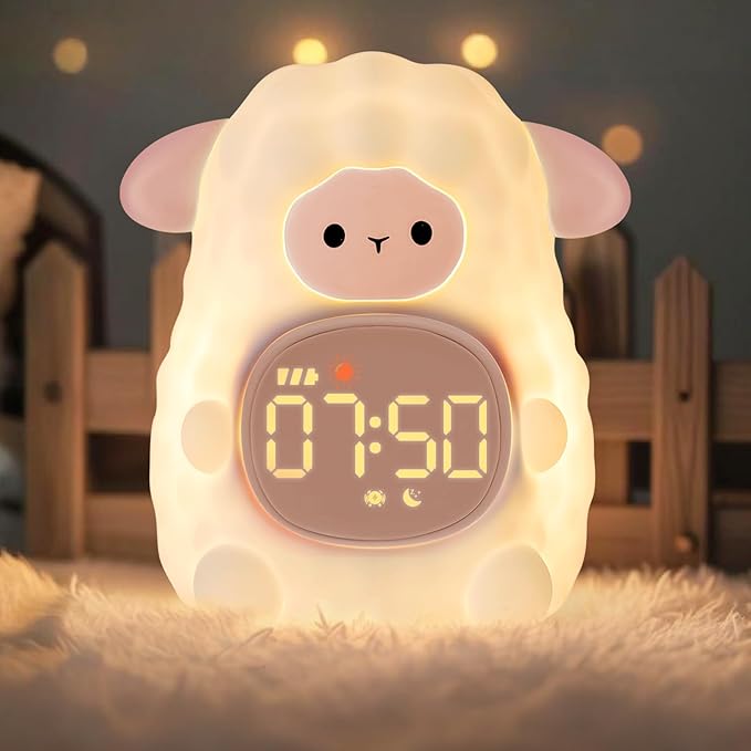 Sheep Alarm Clock with Night Light for Kids with Sleep Training and Sound Machine, Rechargeable Silicone Lamp OK to Wake Clock，Cute Animal Tabletop Lamp, Perfect Sleep Companion for Boys Girls, Pink - Bloomnest