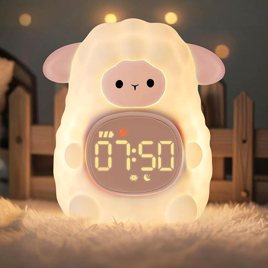 Sheep Alarm Clock with Night Light for Kids with Sleep Training and Sound Machine, Rechargeable Silicone Lamp OK to Wake Clock，Cute Animal Tabletop Lamp, Perfect Sleep Companion for Boys Girls, Pink - Bloomnest