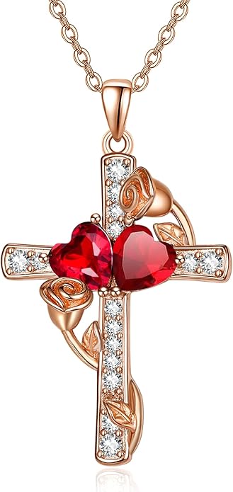 Rose Gold Dual Birthstones Cross Necklace for Women Rose Flower Jewelry Anniversary Christmas Mother's Valentine's Day Birthday Gift for Wife Girlfriend Mom - Bloomnest