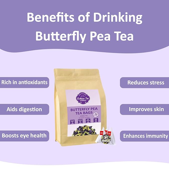 Ovikaso Tea, Butterfly Pea Flower Tea Bags, 50 Pyramid Tea Bags, 1.3g/bag, 100% Natural, Non-GMO, No Caffeine, Brew Hot or Iced tea, Baking, Cocktail, Herbal Tea - Bloomnest