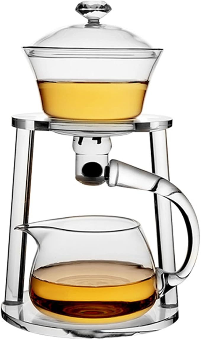 Mozeo Glass Semi-automatic Tea Set Wooden Glass Tea Set Water Diversion Rotating Cover Bowl Lazy Tea Maker Teapot Kungfu Fu teacup (Glass Clear Handle Teapot Set) - Bloomnest