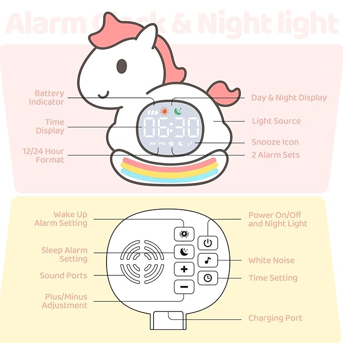 Alarm Clock with Night Light for Kids with Sleep Training and Sound Machine, Rechargeable Silicone Lamp OK to Wake Clock，Cute Animal Tabletop Lamp, Perfect Sleep Companion for Boys Girls,Pink Pony - Bloomnest