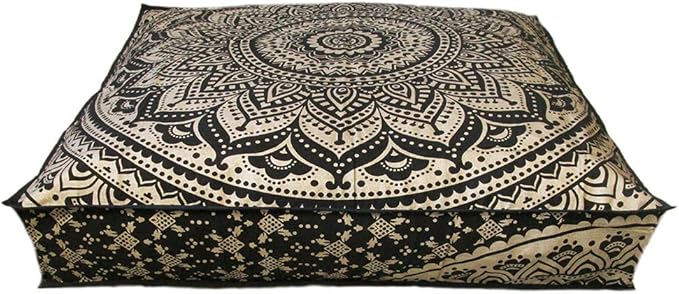 24" Black Gold Ombre Mandala Barmeri Large Floor Pillow Cover Cushion Meditation Seating Ottoman Throw Cover Hippie Decorative Zipped Bohemian Pouf Ottoman Pom Pom Cases 24 " square - Bloomnest